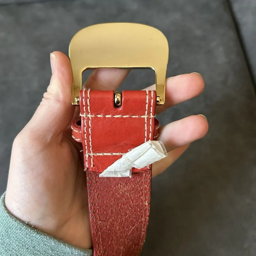 Vintage Y2K Michael Kors Womens Red Genuine Leather Belt Gold Buckle 33”